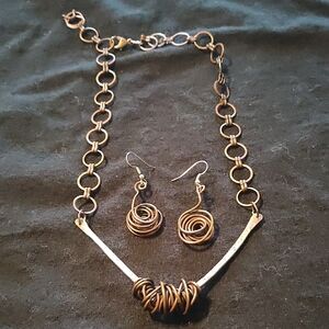 Sterling Silver And Spiral copper brutalist Necklace earring Set